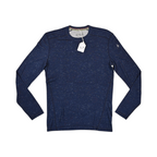 Navy speckled donegal-pattern crew neck baselayer by Smartwool, laid flat with hangtag attached.
