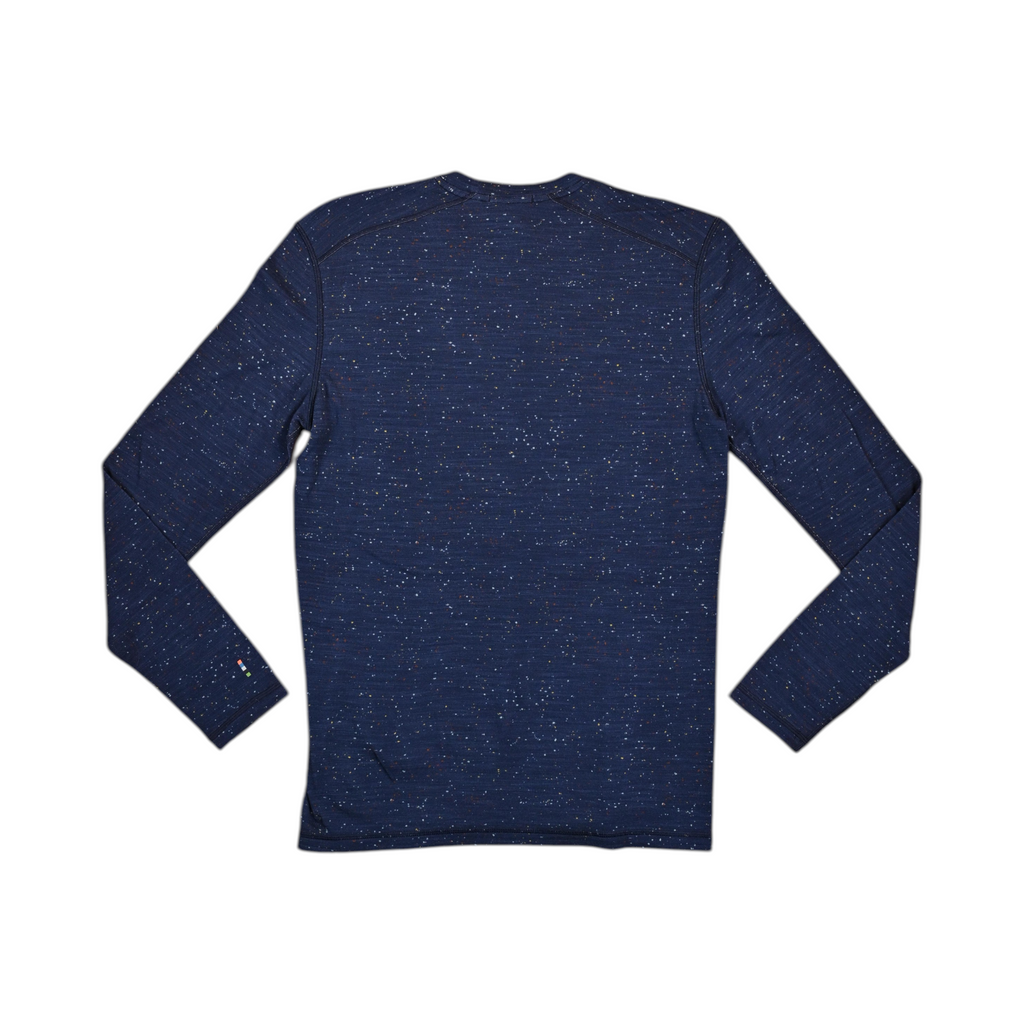 Navy speckled donegal-pattern crew neck baselayer by Smartwool, back view.