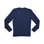 Navy speckled donegal-pattern crew neck baselayer by Smartwool, back view.
