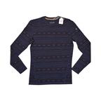 Navy and rust fair-isle patterned crew neck baselayer by Smartwool, laid flat with hangtag attached.