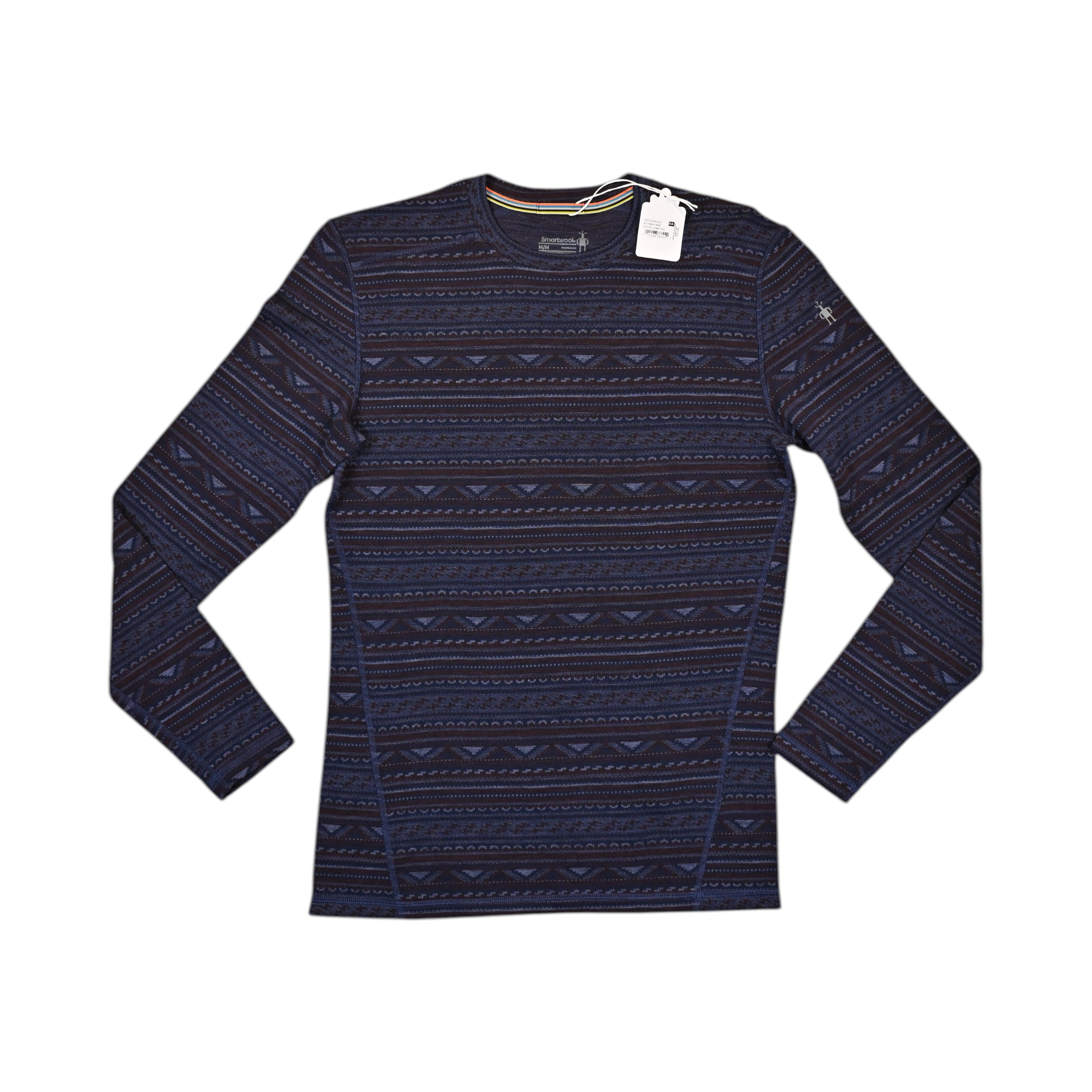 Navy and rust fair-isle patterned crew neck baselayer by Smartwool, laid flat with hangtag attached.