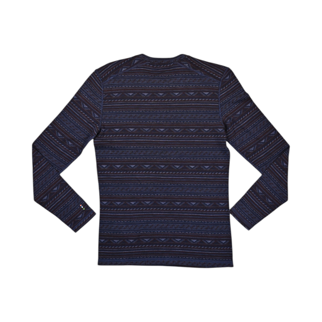 Navy and rust fair-isle patterned crew neck baselayer by Smartwool, back view.