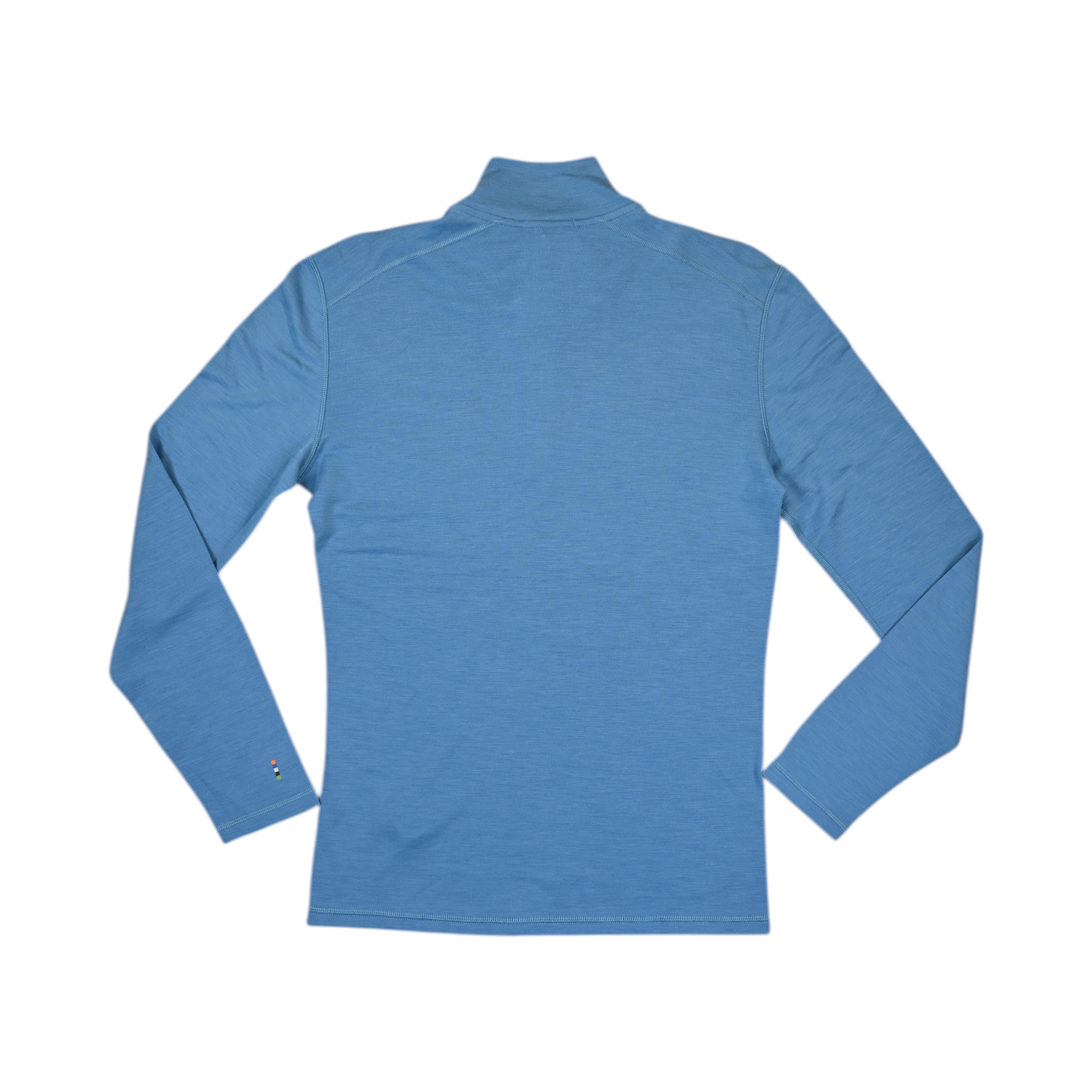Heathered blue quarter-zip baselayer by Smartwool, back view.