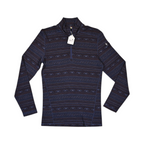 Navy fair-isle patterned quarter-zip baselayer by Smartwool, laid flat with hangtag attached.