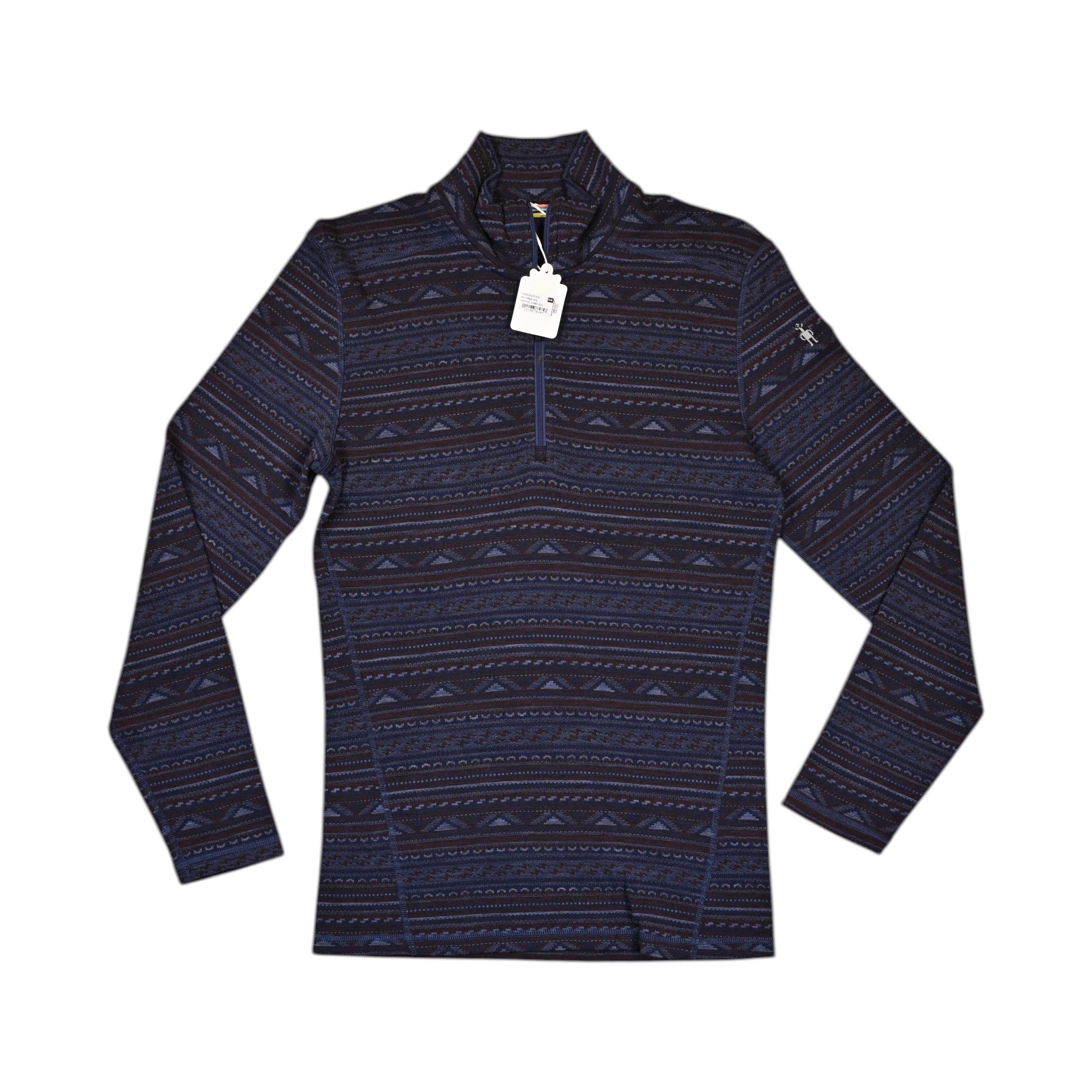 Navy fair-isle patterned quarter-zip baselayer by Smartwool, laid flat with hangtag attached.