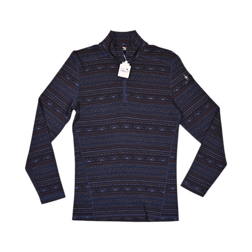 Navy fair-isle patterned quarter-zip baselayer by Smartwool, laid flat with hangtag attached.