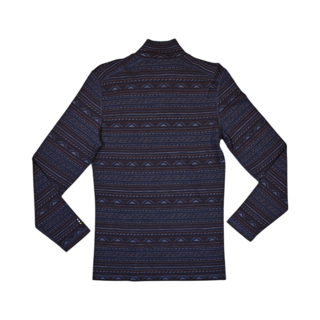 Navy fair-isle patterned quarter-zip baselayer by Smartwool, back view.