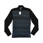 Black quarter-zip baselayer by Smartwool with a fine blue striped chest panel, laid flat.