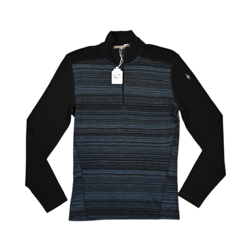 Black quarter-zip baselayer by Smartwool with a fine blue striped chest panel, laid flat.