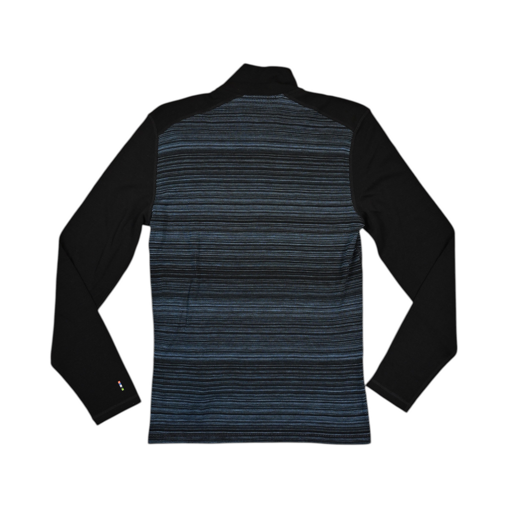 Black quarter-zip baselayer by Smartwool with a fine blue striped chest panel, back view.