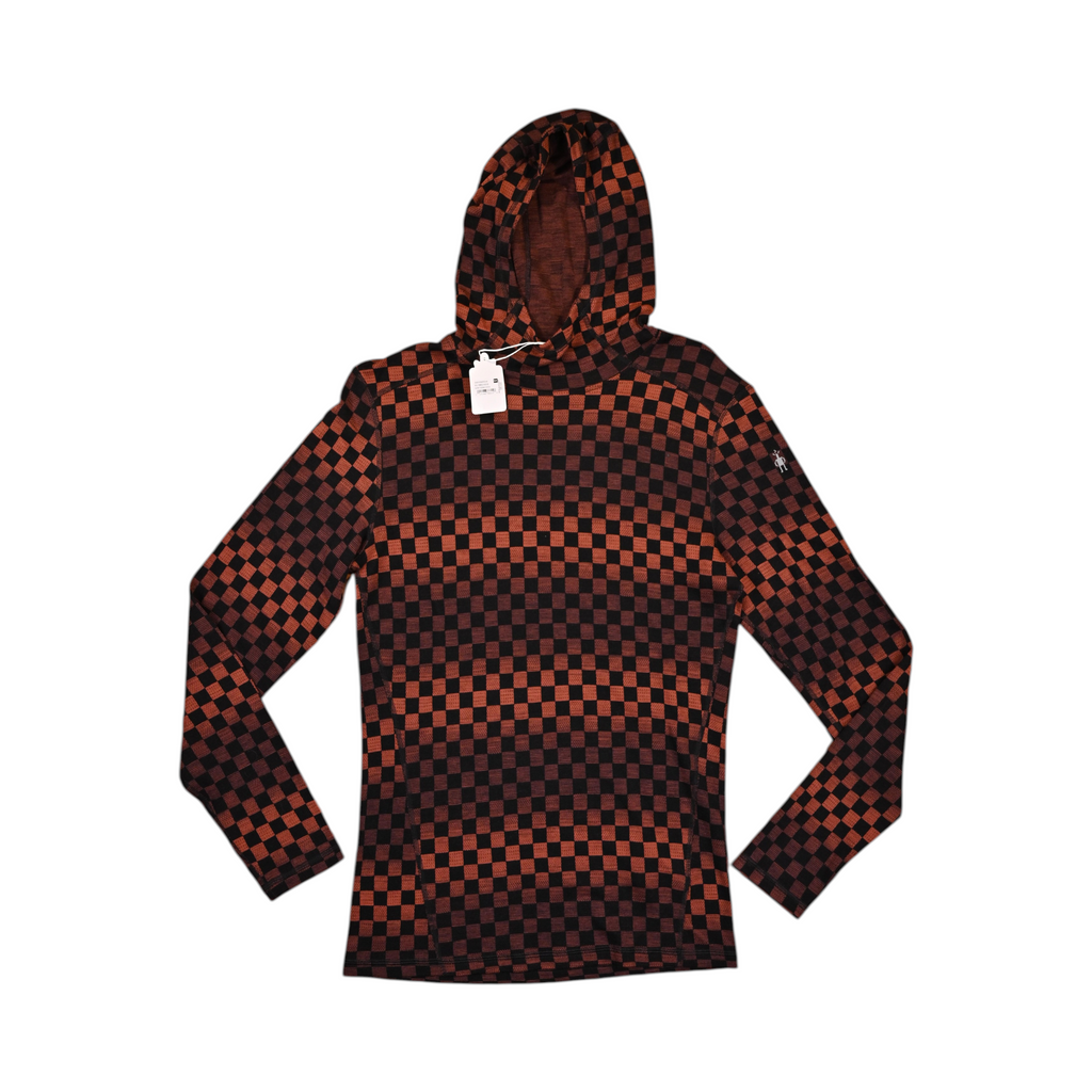 Rust and black check Merino hoodie by Smartwool in Burnt Sienna Check, front view with the hood raised.