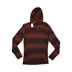 Rust and black check Merino hoodie by Smartwool in Burnt Sienna Check, front view with the hood raised.