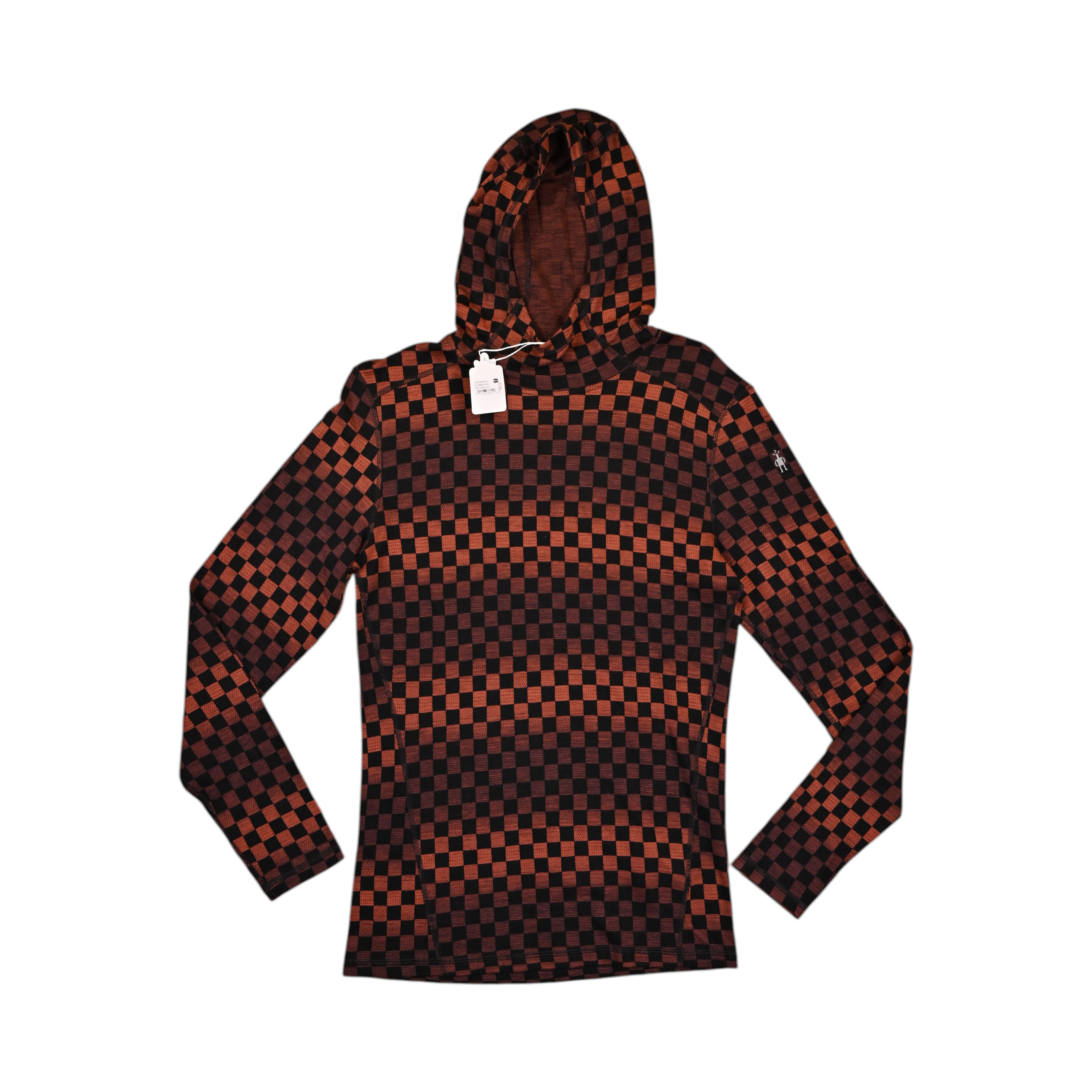 Rust and black check Merino hoodie by Smartwool in Burnt Sienna Check, front view with the hood raised.