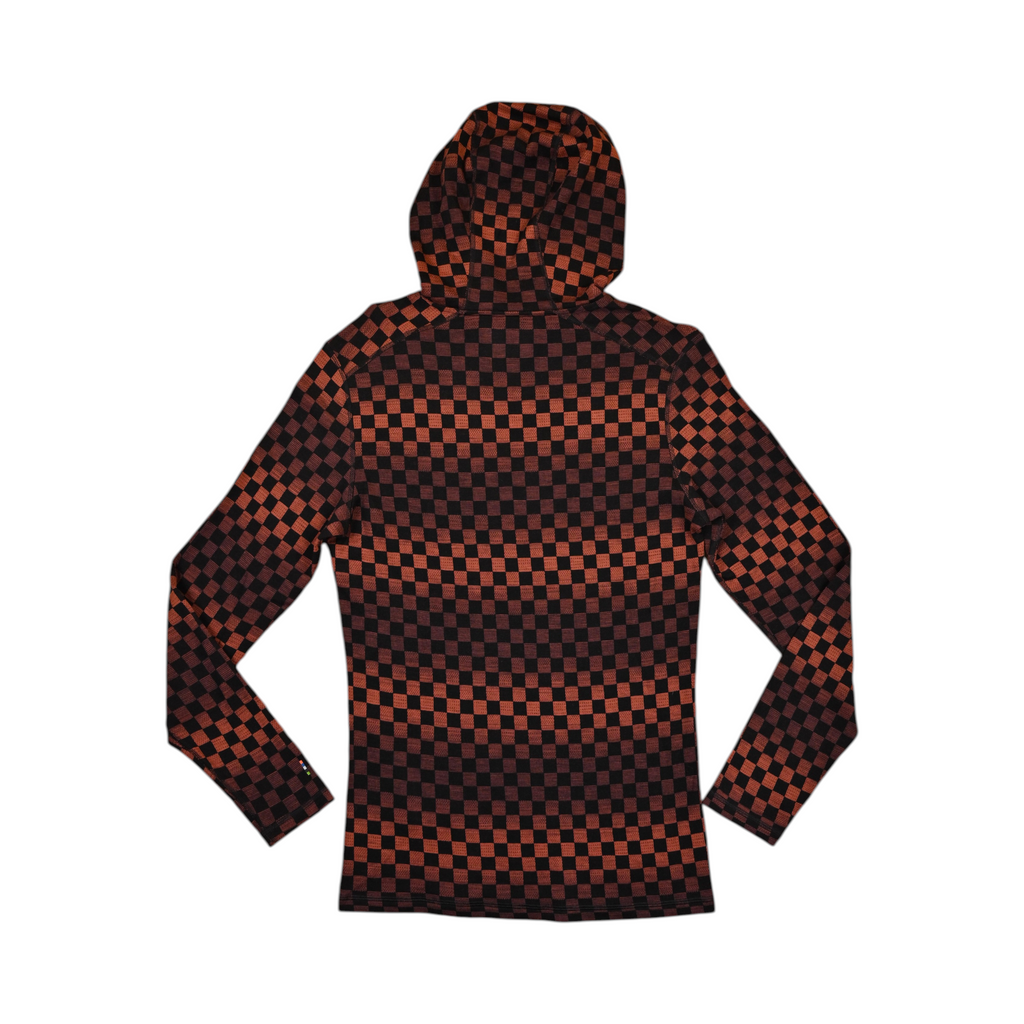 Rust and black check Merino hoodie by Smartwool, back view showing the hood and shoulder panel seams.