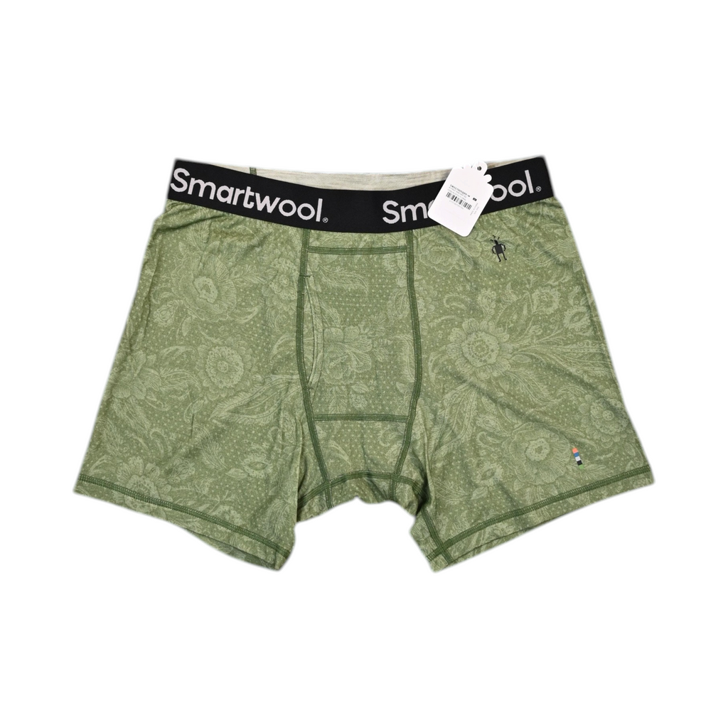 Tonal green rustic floral print Smartwool boxer brief laid flat, showing the waistband and front seam.