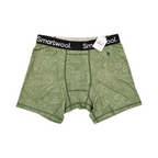 Tonal green rustic floral print Smartwool boxer brief laid flat, showing the waistband and front seam.