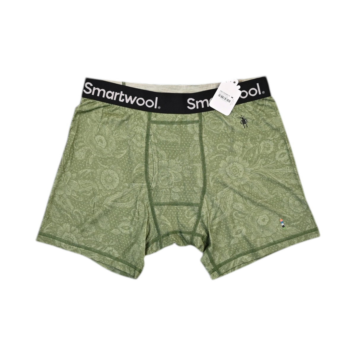 Tonal green rustic floral print Smartwool boxer brief laid flat, showing the waistband and front seam.