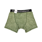 Back view of a tonal green rustic floral print Smartwool boxer brief laid flat.
