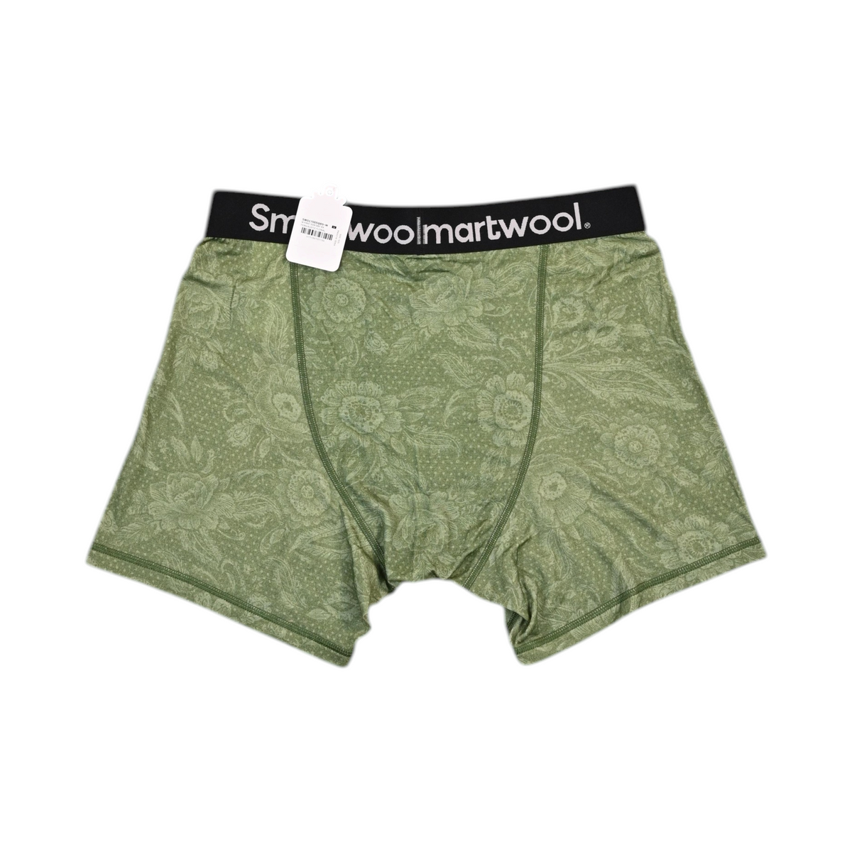 Back view of a tonal green rustic floral print Smartwool boxer brief laid flat.