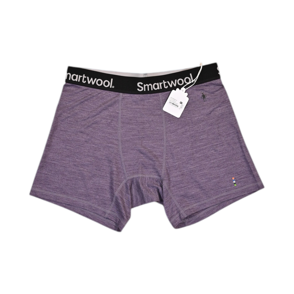 Purple heather Smartwool boxer brief laid flat, showing the waistband and front seam.