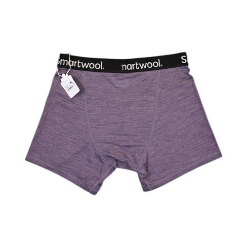Close view of a purple heather Smartwool boxer brief showing the waistband logo and center seam.