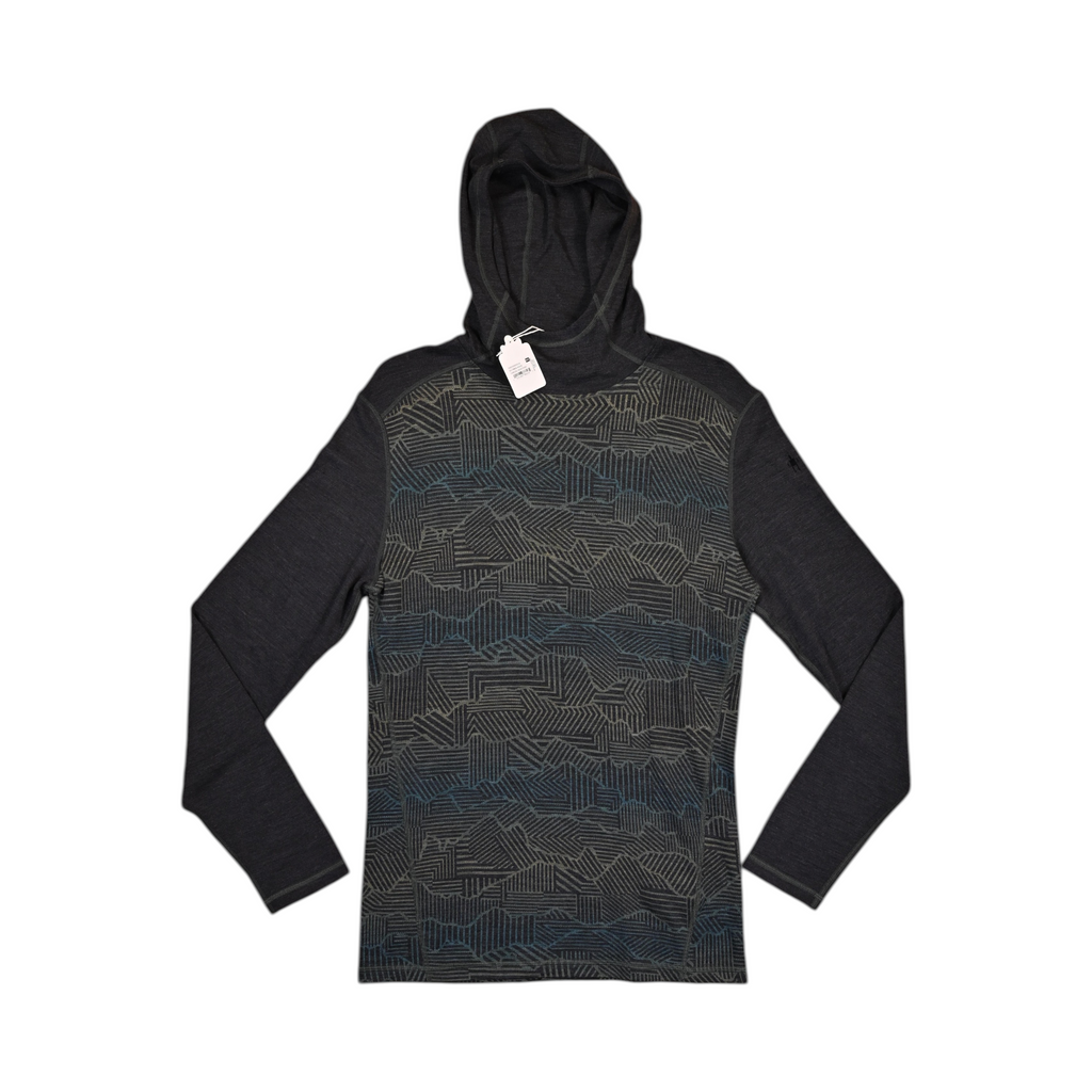 Charcoal Merino hoodie by Smartwool with mountain ridgeline linework pattern, front view with the hood down.