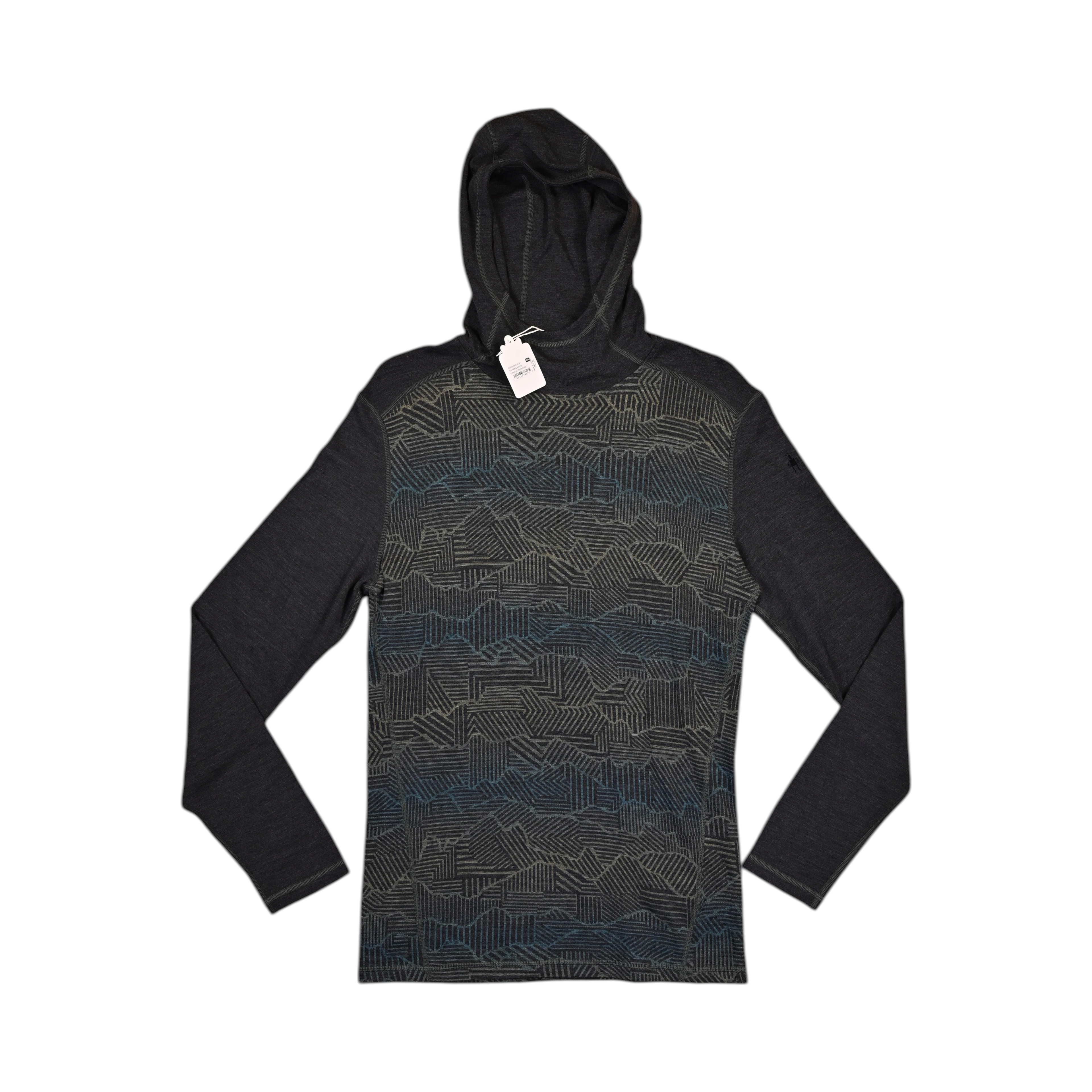 Charcoal Merino hoodie by Smartwool with mountain ridgeline linework pattern, front view with the hood down.
