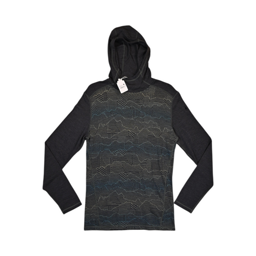 Charcoal Merino hoodie by Smartwool with mountain ridgeline linework pattern, front view with the hood down.