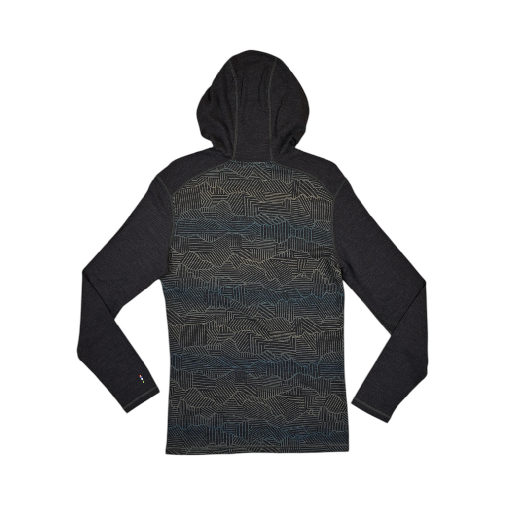 Charcoal Merino hoodie by Smartwool, back view showing the mountain linework pattern and contrast shoulder panels.