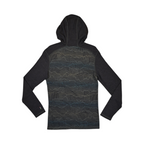 Charcoal Merino hoodie by Smartwool, back view showing the mountain linework pattern and contrast shoulder panels.