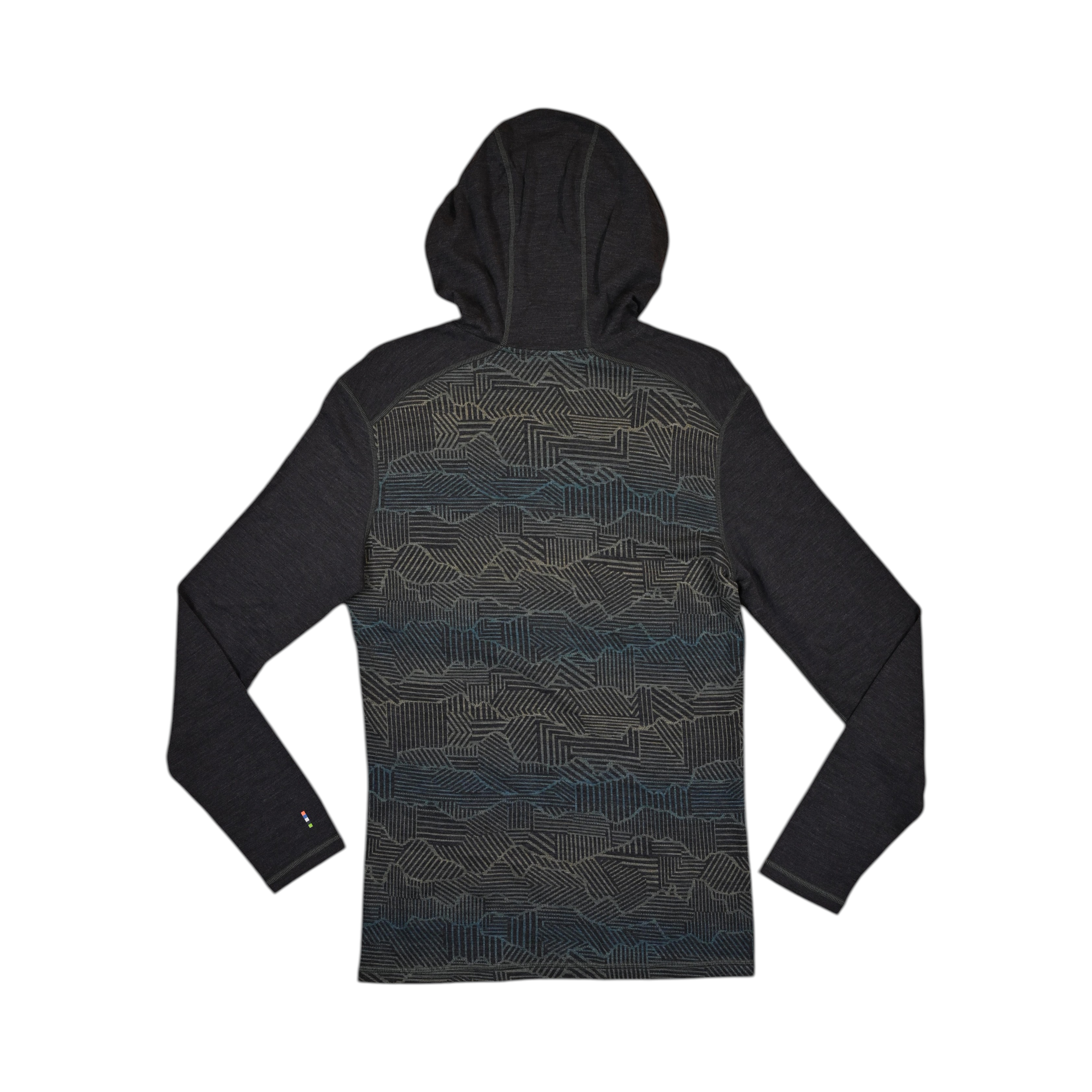 Charcoal Merino hoodie by Smartwool, back view showing the mountain linework pattern and contrast shoulder panels.