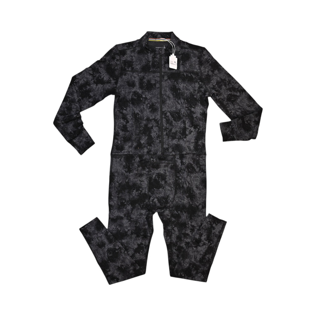 Black tie-dye Merino one-piece base layer by Smartwool, front view with the half-zip open at the neck.