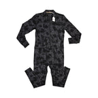 Black tie-dye Merino one-piece base layer by Smartwool, front view with the half-zip open at the neck.