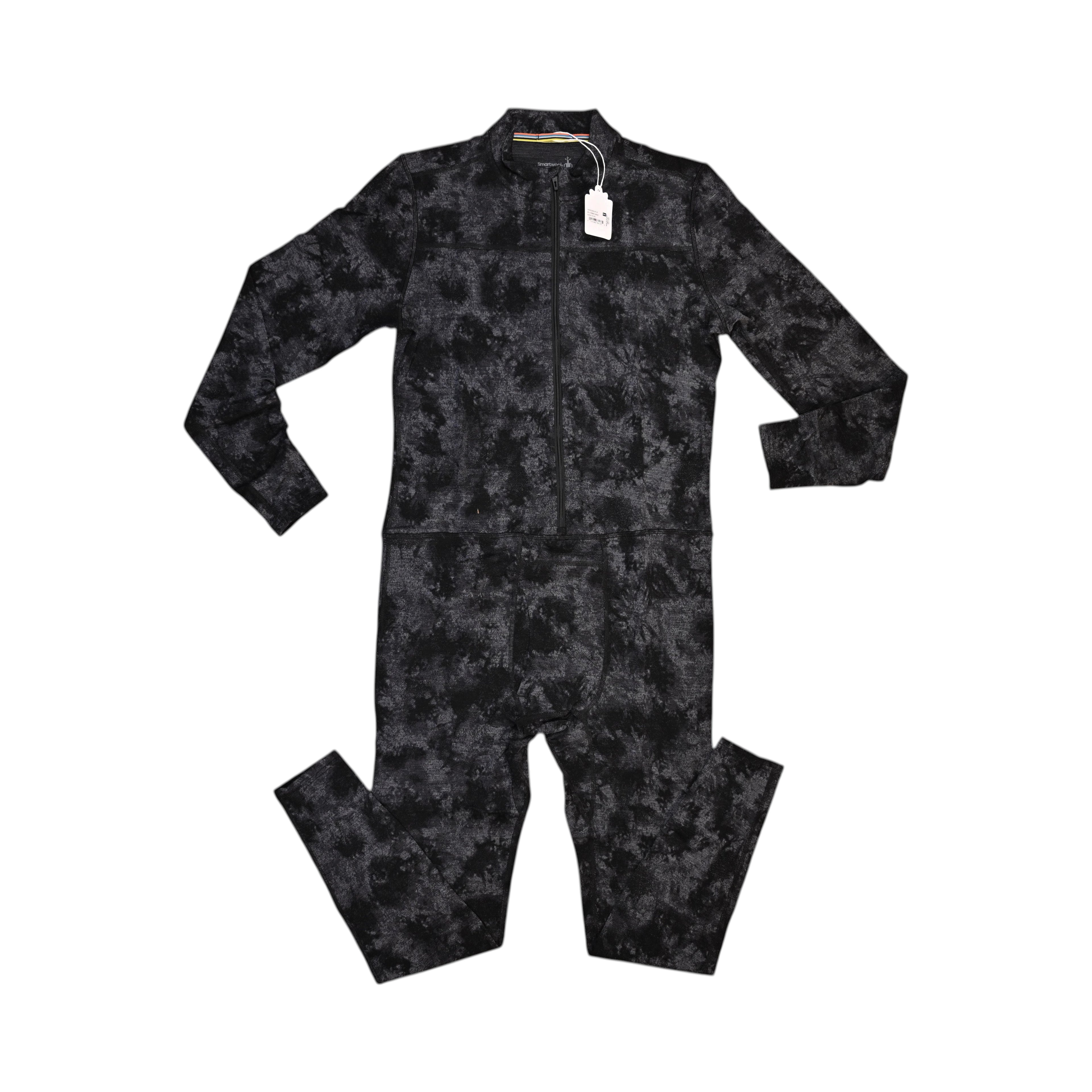 Black tie-dye Merino one-piece base layer by Smartwool, front view with the half-zip open at the neck.