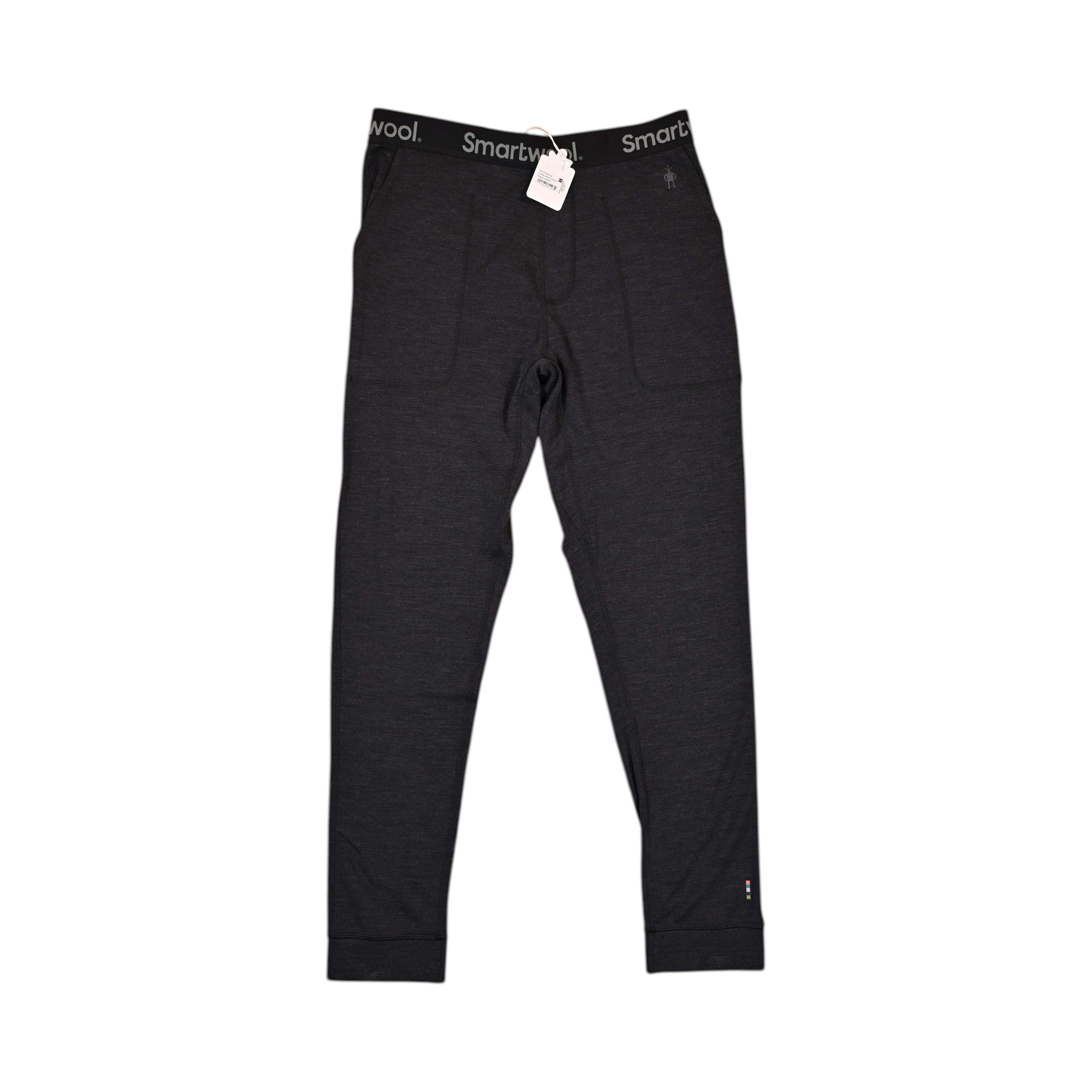 Charcoal Heather Merino jogger pants by Smartwool, laid flat with hand pockets and elastic cuffs visible.