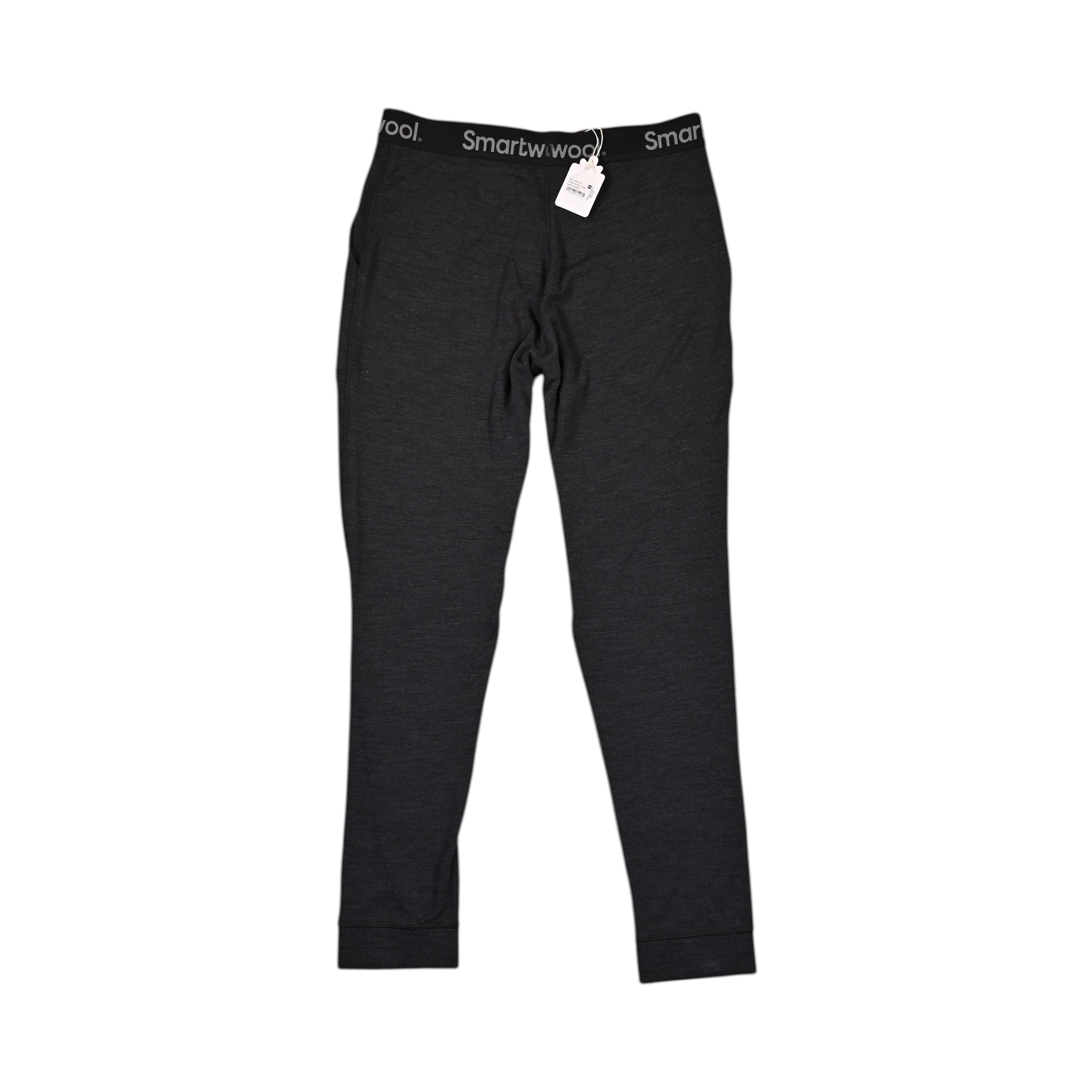 Charcoal Heather Merino jogger pants by Smartwool, front view with the elastic waistband and hangtag visible.