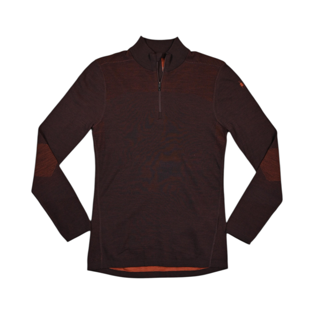 Dark brown quarter-zip baselayer by Smartwool with burnt orange mesh panels at the elbows, front view.