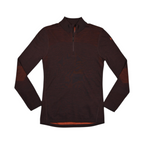 Dark brown quarter-zip baselayer by Smartwool with burnt orange mesh panels at the elbows, front view.