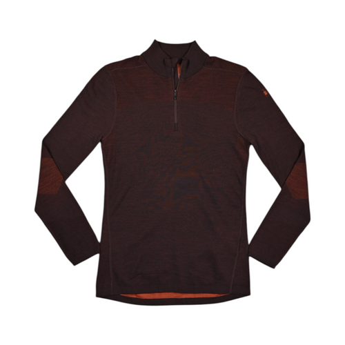 Dark brown quarter-zip baselayer by Smartwool with burnt orange mesh panels at the elbows, front view.
