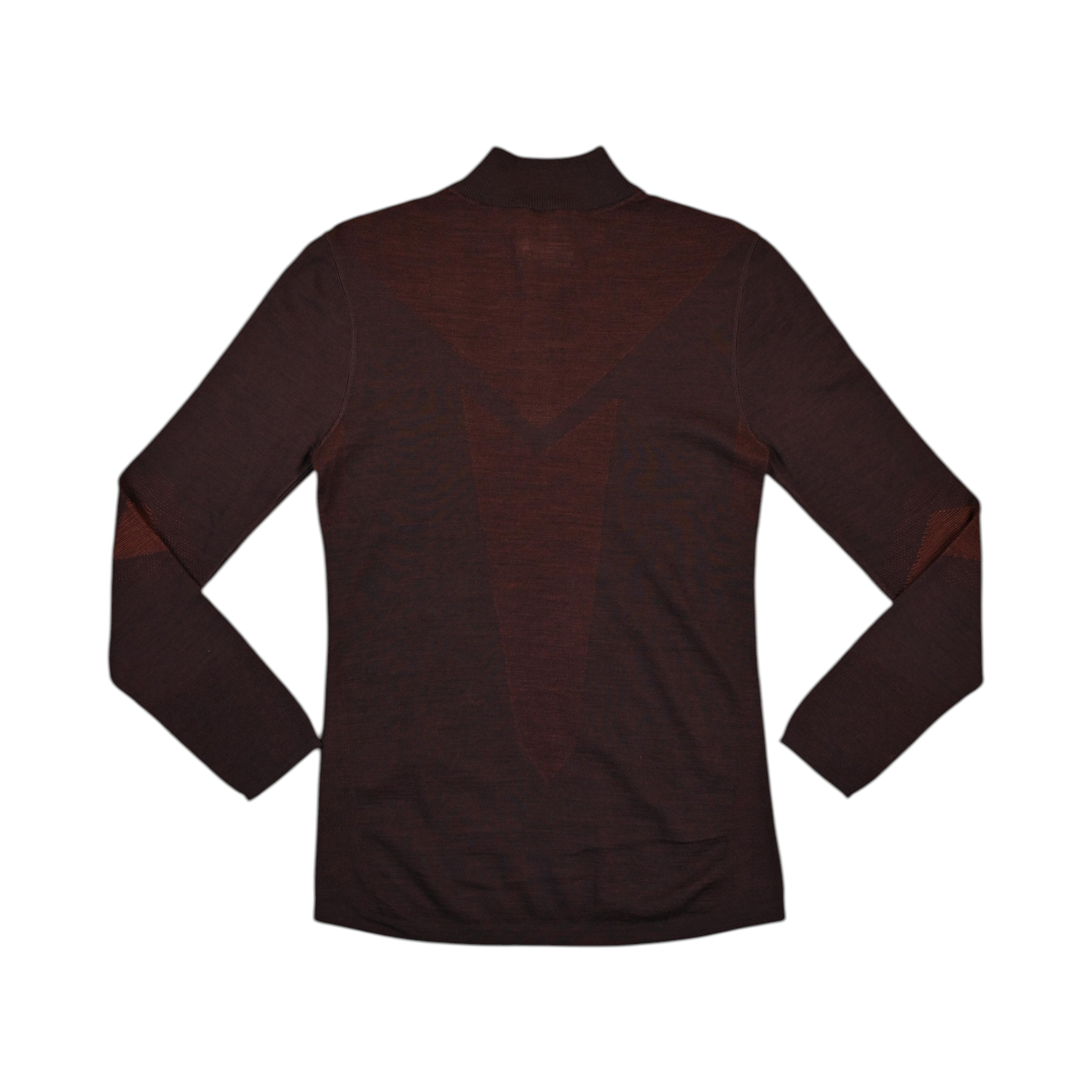 Dark brown quarter-zip baselayer by Smartwool with burnt orange mesh panels at the elbows, back view.