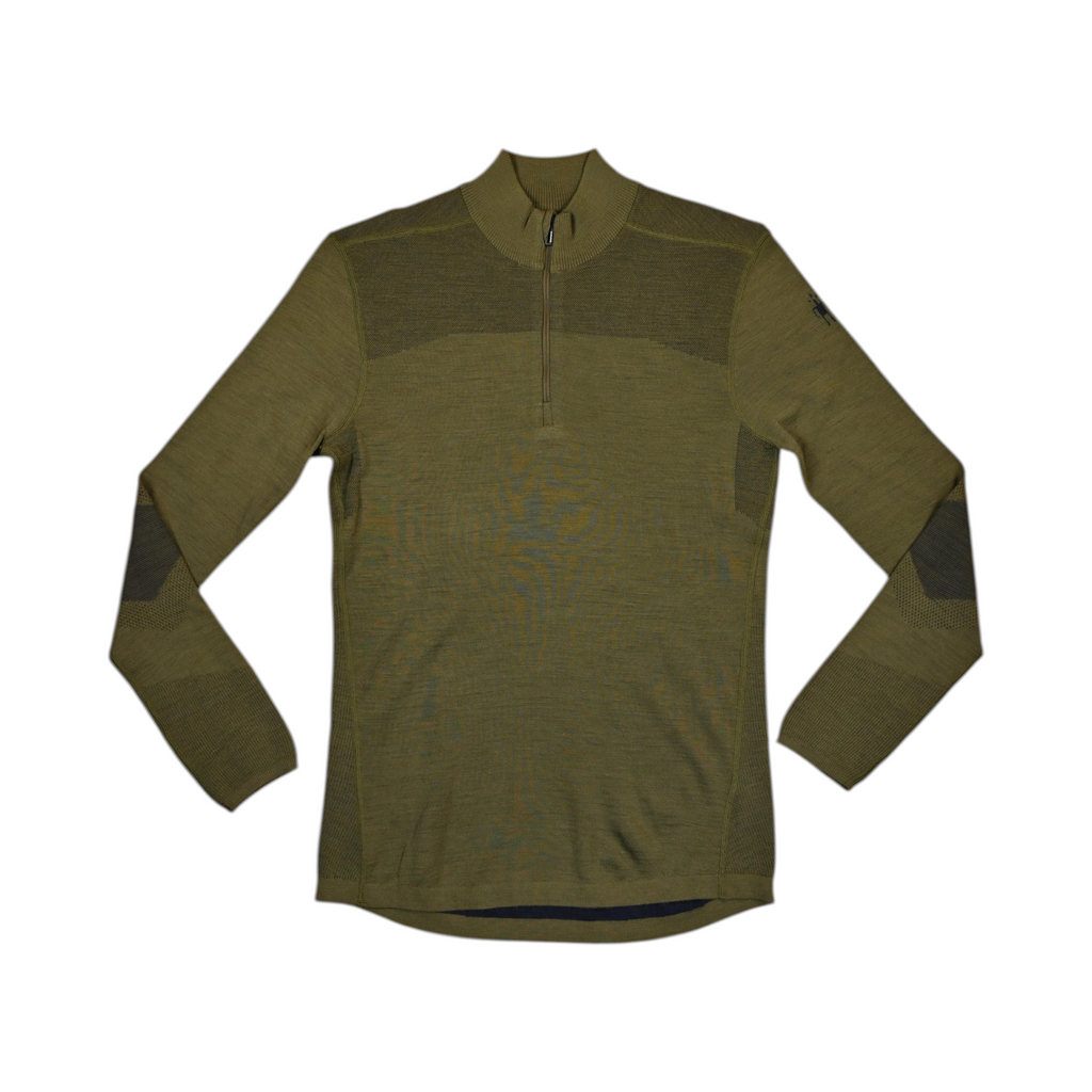 Olive green quarter-zip baselayer by Smartwool with darker moss mesh panels at the elbows, front view.