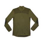 Olive green quarter-zip baselayer by Smartwool with darker moss mesh panels at the elbows, front view.