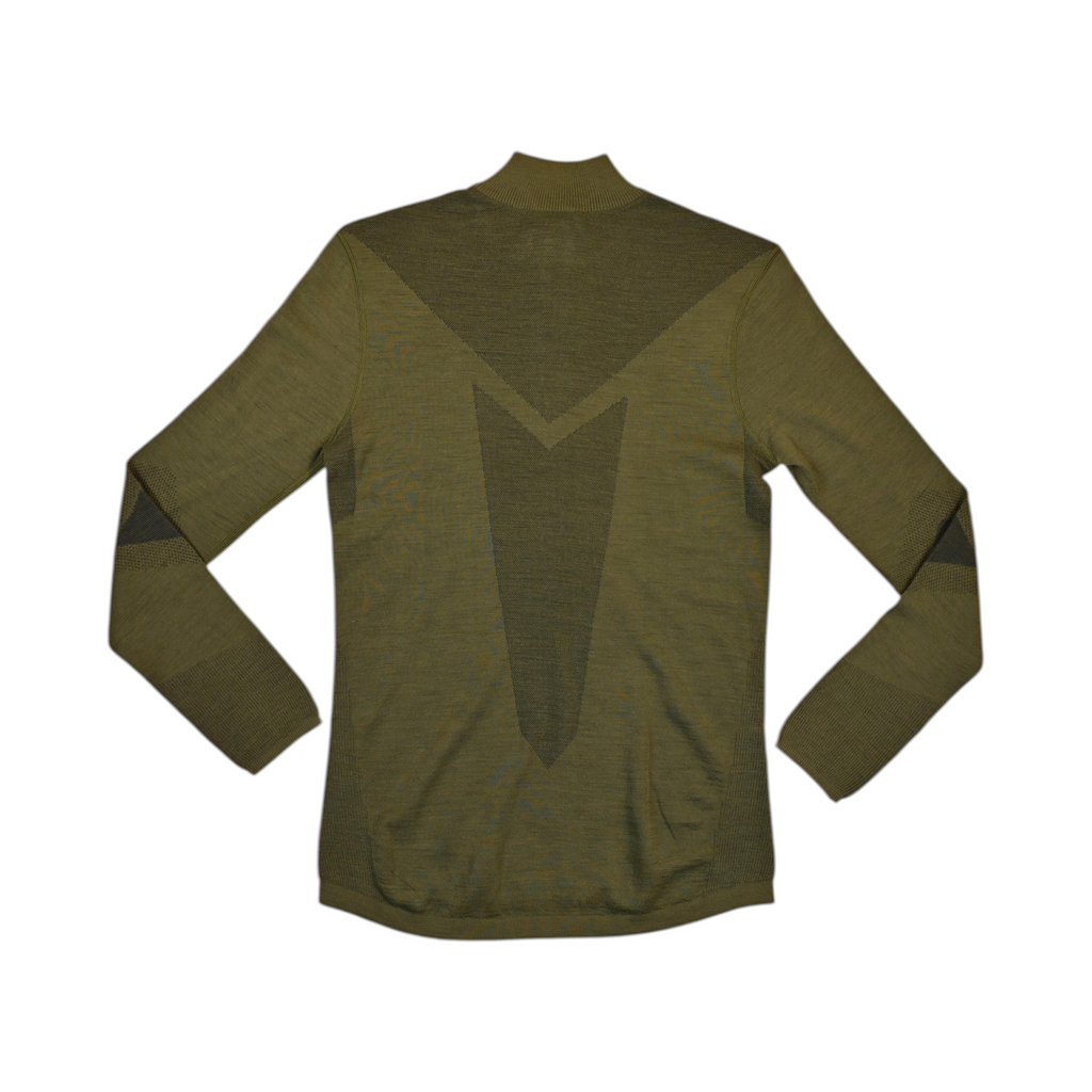 Olive green quarter-zip baselayer by Smartwool with darker moss mesh panels at the elbows, back view.