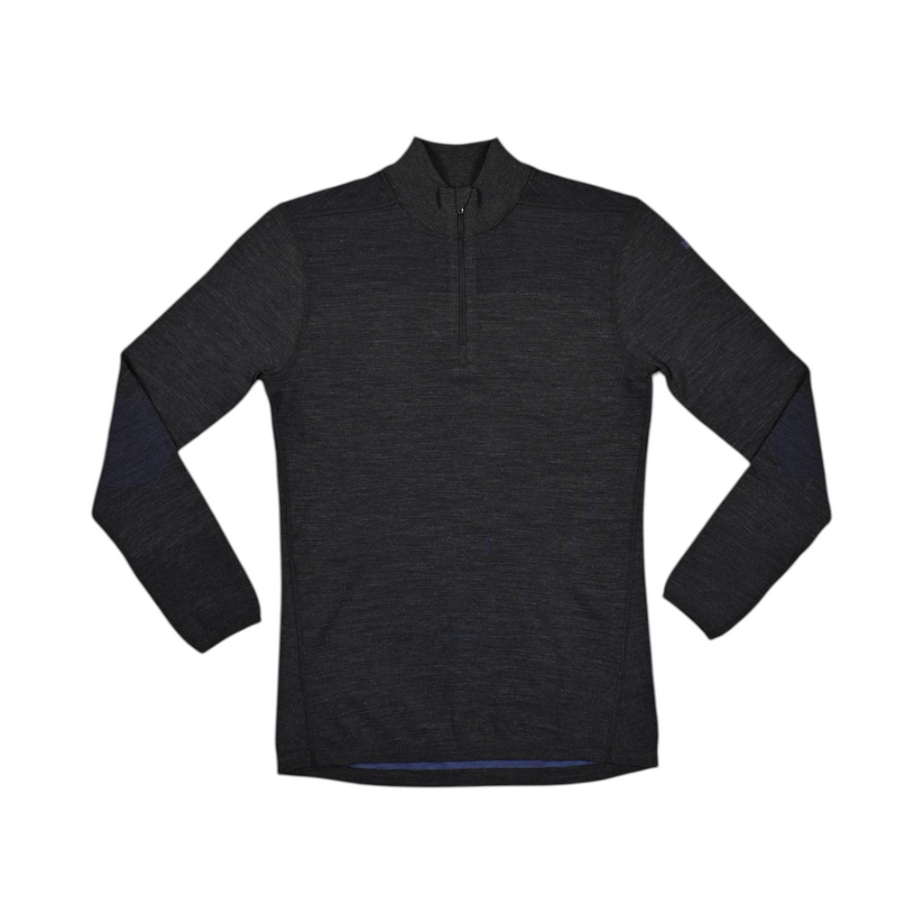 Charcoal quarter-zip baselayer by Smartwool with navy blue mesh panels at the elbows, front view.