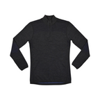 Charcoal quarter-zip baselayer by Smartwool with navy blue mesh panels at the elbows, front view.