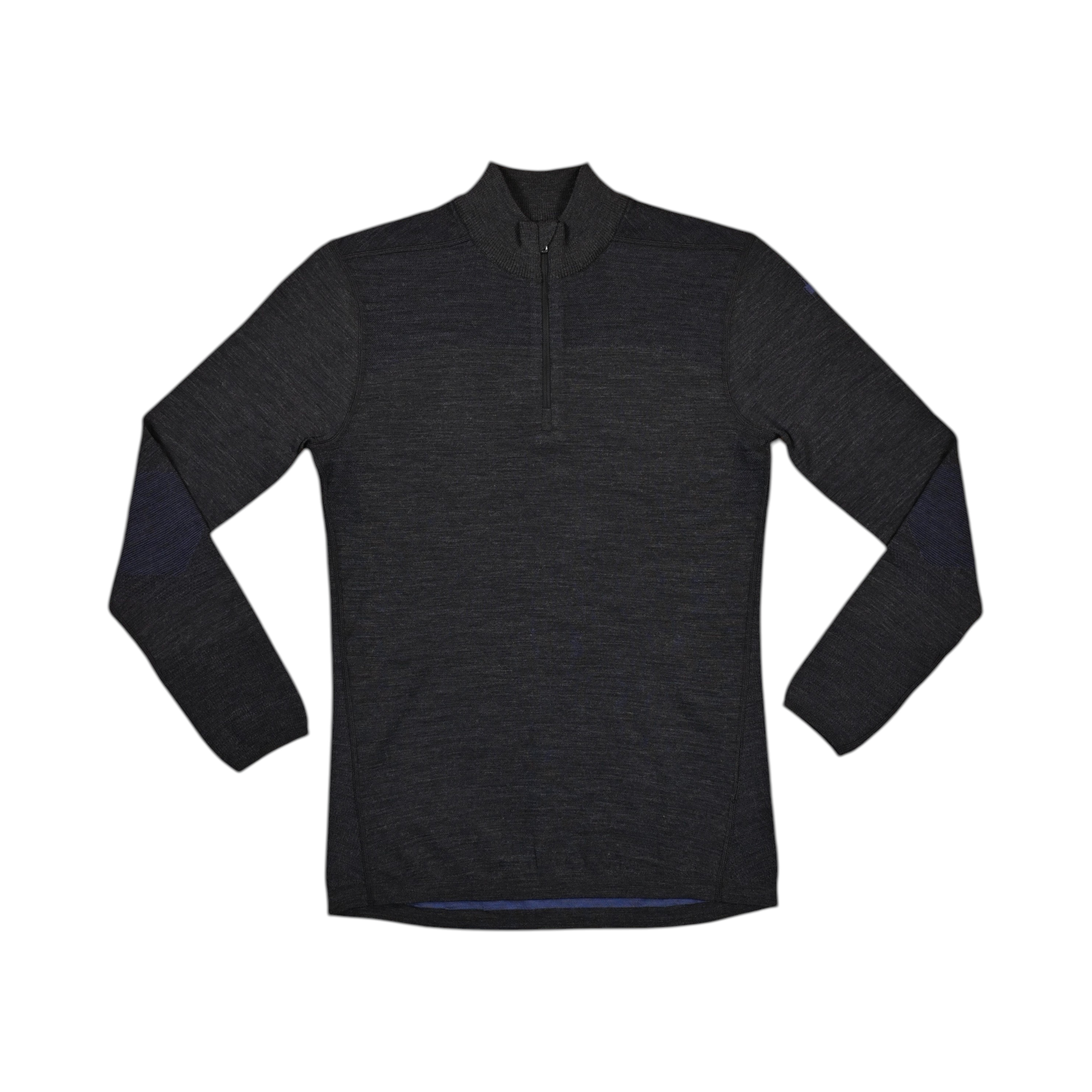 Charcoal quarter-zip baselayer by Smartwool with navy blue mesh panels at the elbows, front view.