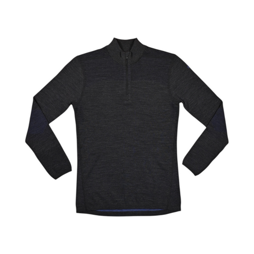 Charcoal quarter-zip baselayer by Smartwool with navy blue mesh panels at the elbows, front view.