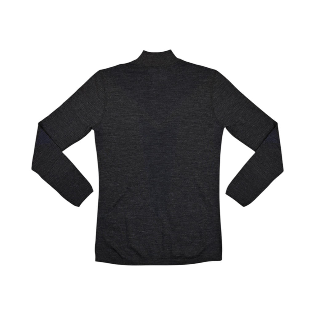Charcoal quarter-zip baselayer by Smartwool with navy blue mesh panels at the elbows, back view.