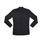 Charcoal quarter-zip baselayer by Smartwool with navy blue mesh panels at the elbows, back view.