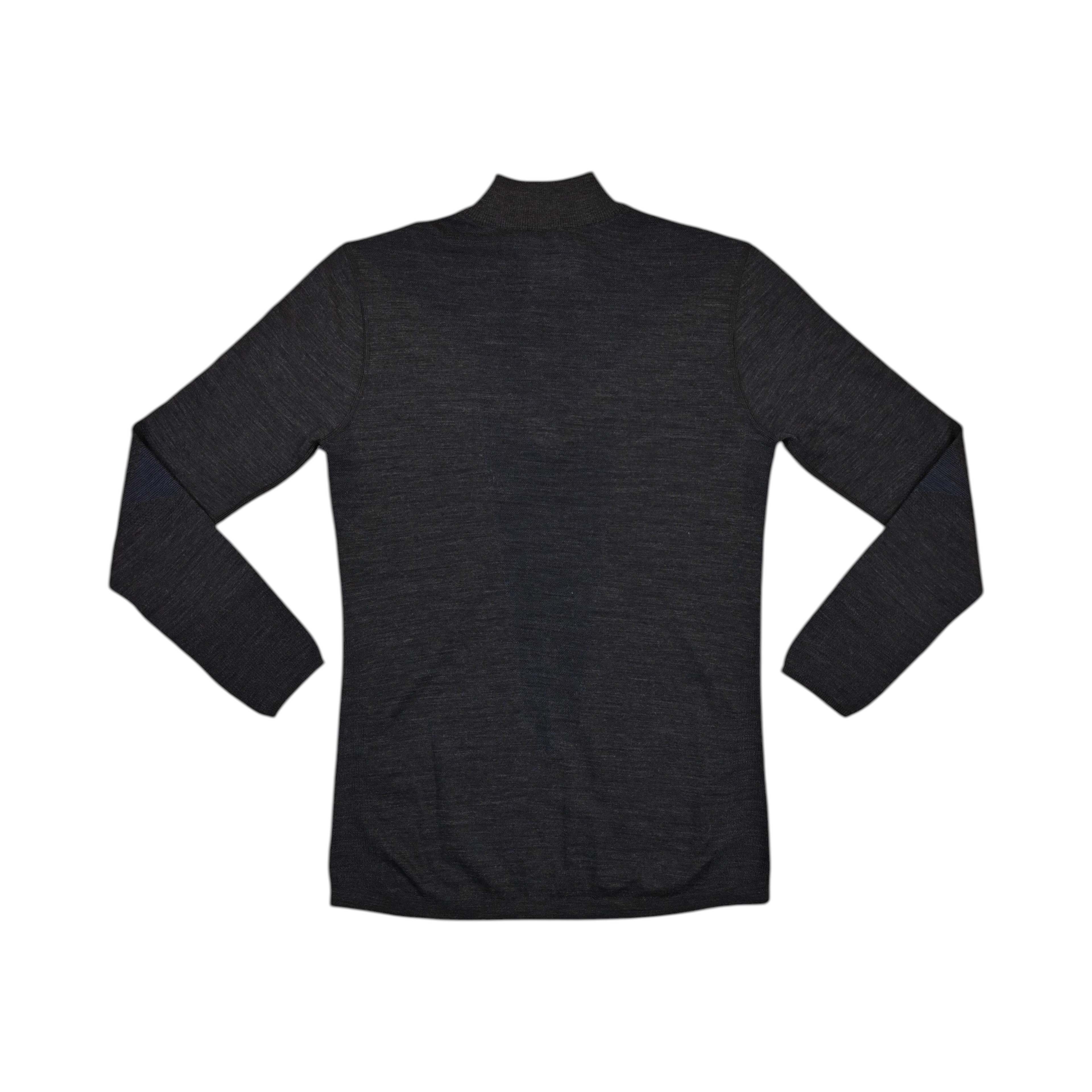 Charcoal quarter-zip baselayer by Smartwool with navy blue mesh panels at the elbows, back view.